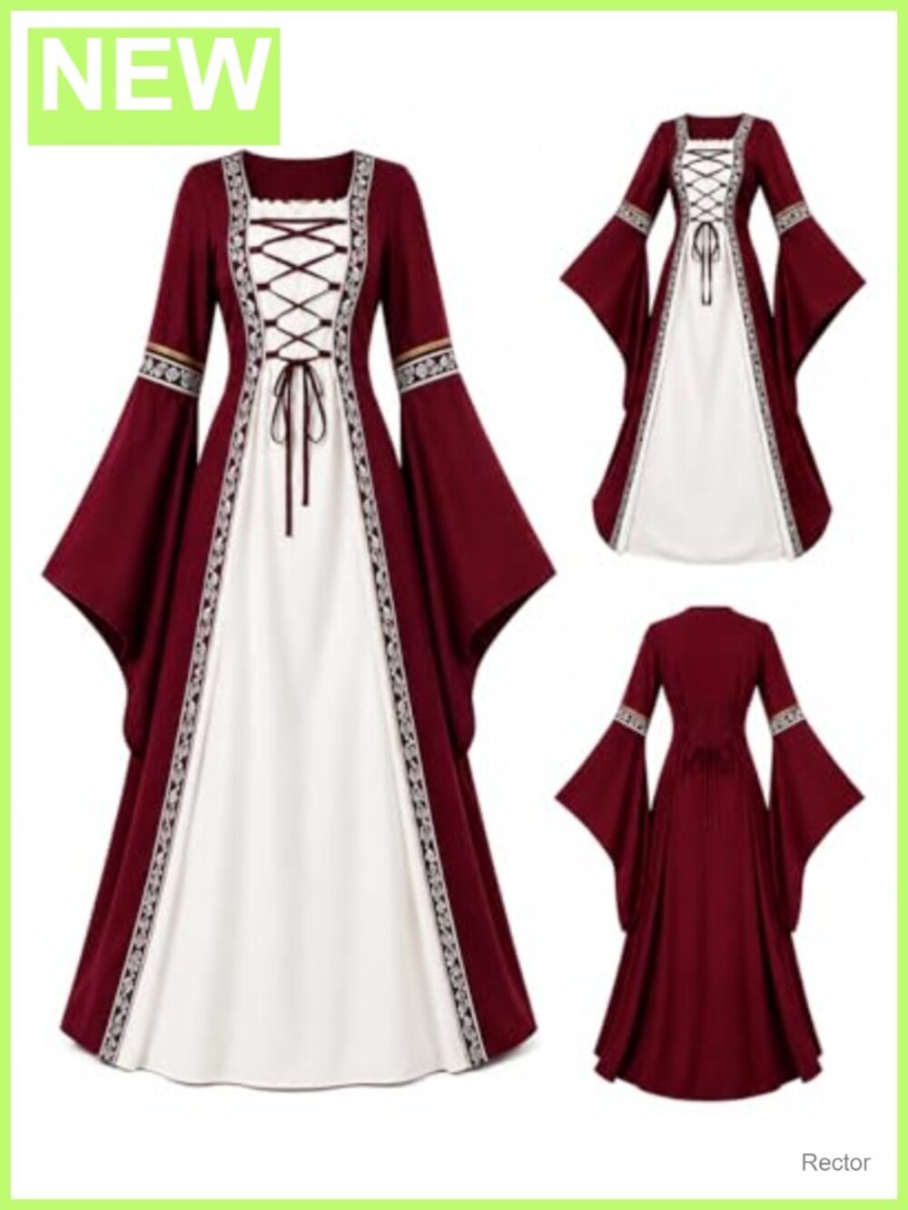 Renaissance Medieval Lace-Up Bell Sleeve Costume Dress for Halloween Cosplay